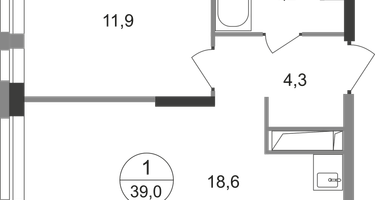 1-к. квартира, 39&nbsp;м²