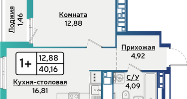 1-к. квартира, 40 м²