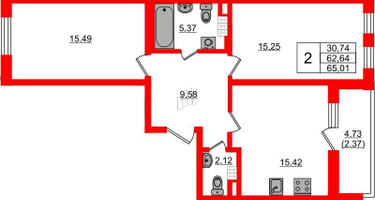 2-к. квартира, 65&nbsp;м²
