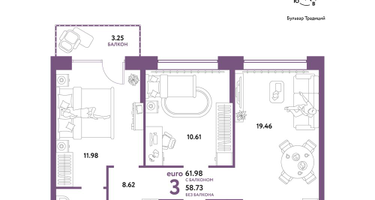 3-к. квартира, 61&nbsp;м²