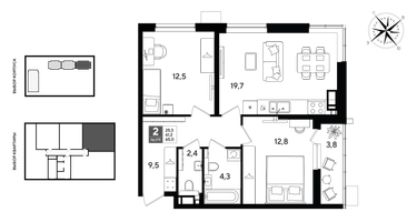 2-к. квартира, 64 м²