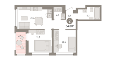 2-к. квартира, 54&nbsp;м²