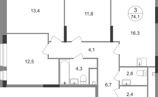 3-к. квартира, 74&nbsp;м²