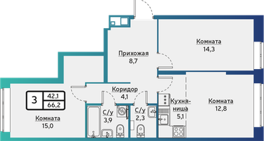 3-к. квартира, 66 м²