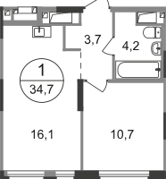 1-к. квартира, 34&nbsp;м²