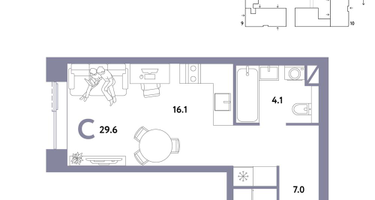 1-к. квартира, 29&nbsp;м²