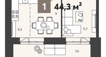 1-к. квартира, 44&nbsp;м²