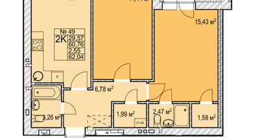 2-к. квартира, 62&nbsp;м²