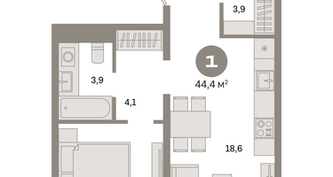 1-к. квартира, 44 м²