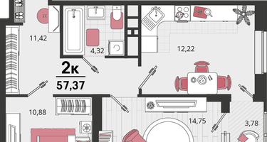 2-к. квартира, 57&nbsp;м²