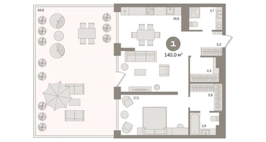 1-к. квартира, 140&nbsp;м²