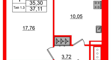 1-к. квартира, 35&nbsp;м²