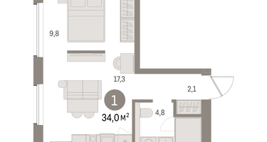 1-к. квартира, 33&nbsp;м²