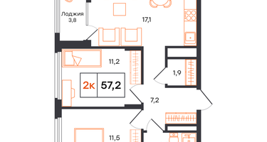 2-к. квартира, 57&nbsp;м²