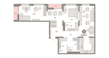3-к. квартира, 110 м²
