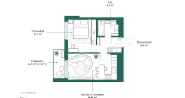 1-к. квартира, 39&nbsp;м²