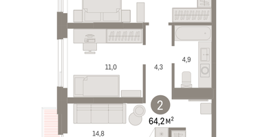 2-к. квартира, 64 м²