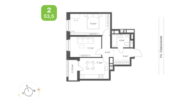 2-к. квартира, 53&nbsp;м²