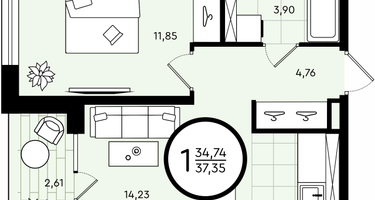 1-к. квартира, 37&nbsp;м²