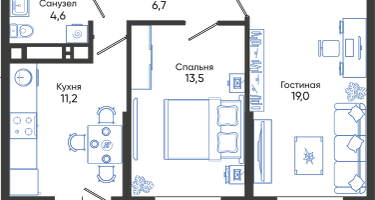 2-к. квартира, 56&nbsp;м²