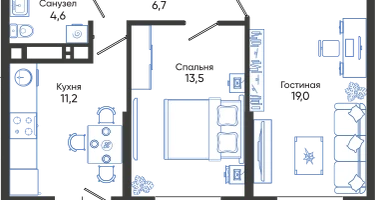 2-к. квартира, 56&nbsp;м²