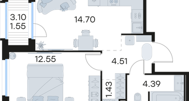 1-к. квартира, 39&nbsp;м²
