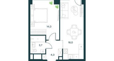 1-к. квартира, 40 м²