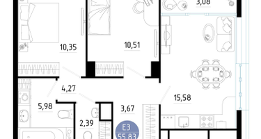 2-к. квартира, 55&nbsp;м²
