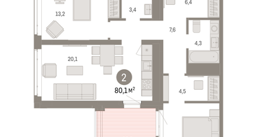 2-к. квартира, 80&nbsp;м²