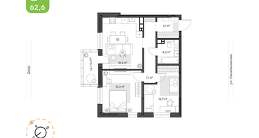 2-к. квартира, 62&nbsp;м²