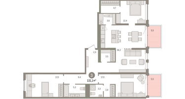 3-к. квартира, 131 м²