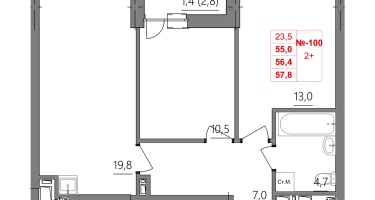 2-к. квартира, 56&nbsp;м²