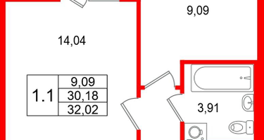 1-к. квартира, 30&nbsp;м²