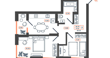 2-к. квартира, 60 м²
