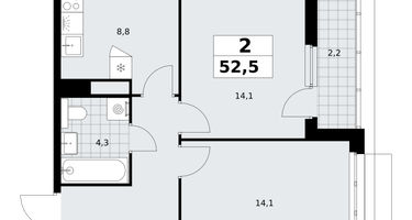2-к. квартира, 52 м²