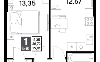1-к. квартира, 39&nbsp;м²