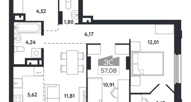 3-к. квартира, 57 м²