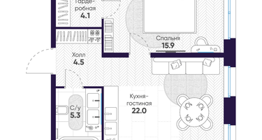 1-к. квартира, 51&nbsp;м²