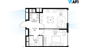 1-к. квартира, 43 м²
