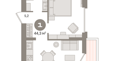 1-к. квартира, 44&nbsp;м²