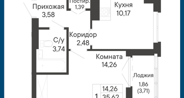 1-к. квартира, 37&nbsp;м²