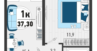 1-к. квартира, 33&nbsp;м²