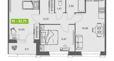 Студия, 51 м²