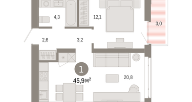 1-к. квартира, 45 м²