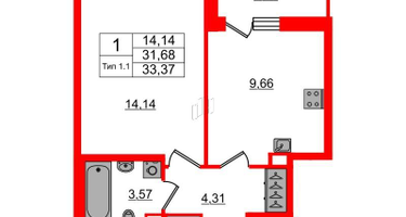 1-к. квартира, 31 м²