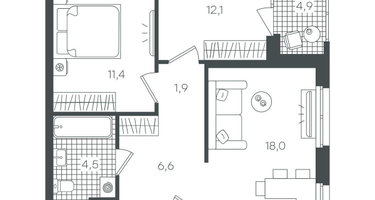 2-к. квартира, 64&nbsp;м²