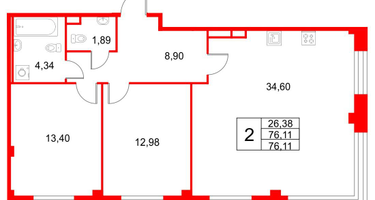 2-к. квартира, 78&nbsp;м²