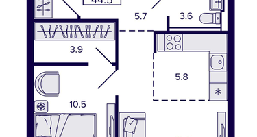 2-к. квартира, 44 м²