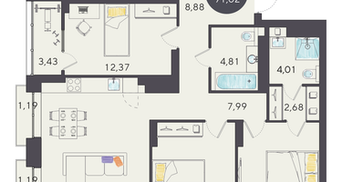 4-к. квартира, 91 м²