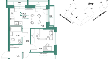 2-к. квартира, 59&nbsp;м²